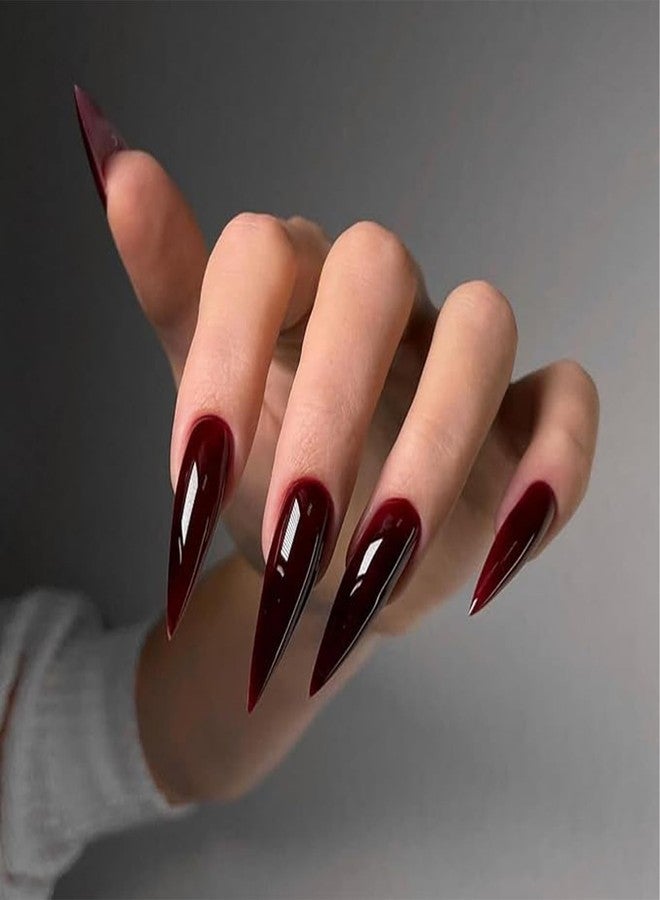 SINHOT Stiletto Press on Nails - Long Fake Nails, Glossy Finish, Goth Burgundy & Vampire Style, DIY Artificial False Nail Art - 24 Pcs Nail Kit with Glue - Image 1